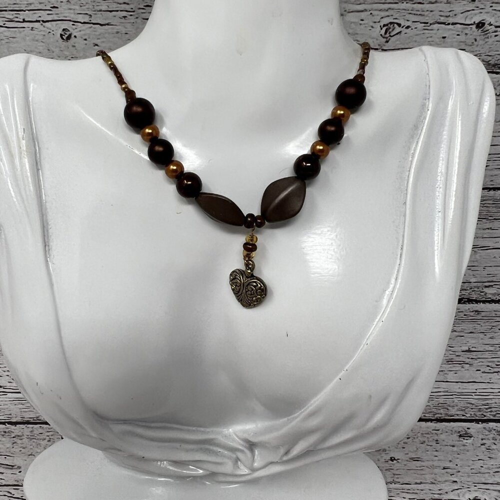 Bronze Tone Beaded Necklace Brown Beads with Gold Tone Heart Pendant‎